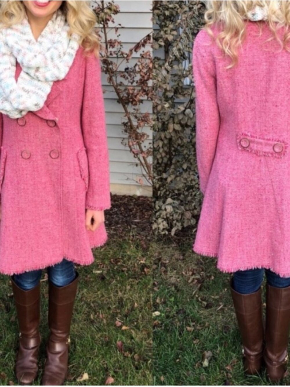 Cabi Madison Avenue Pea Coat Tweed Jacket Knit Wool Fray Hem Collared Pink 6